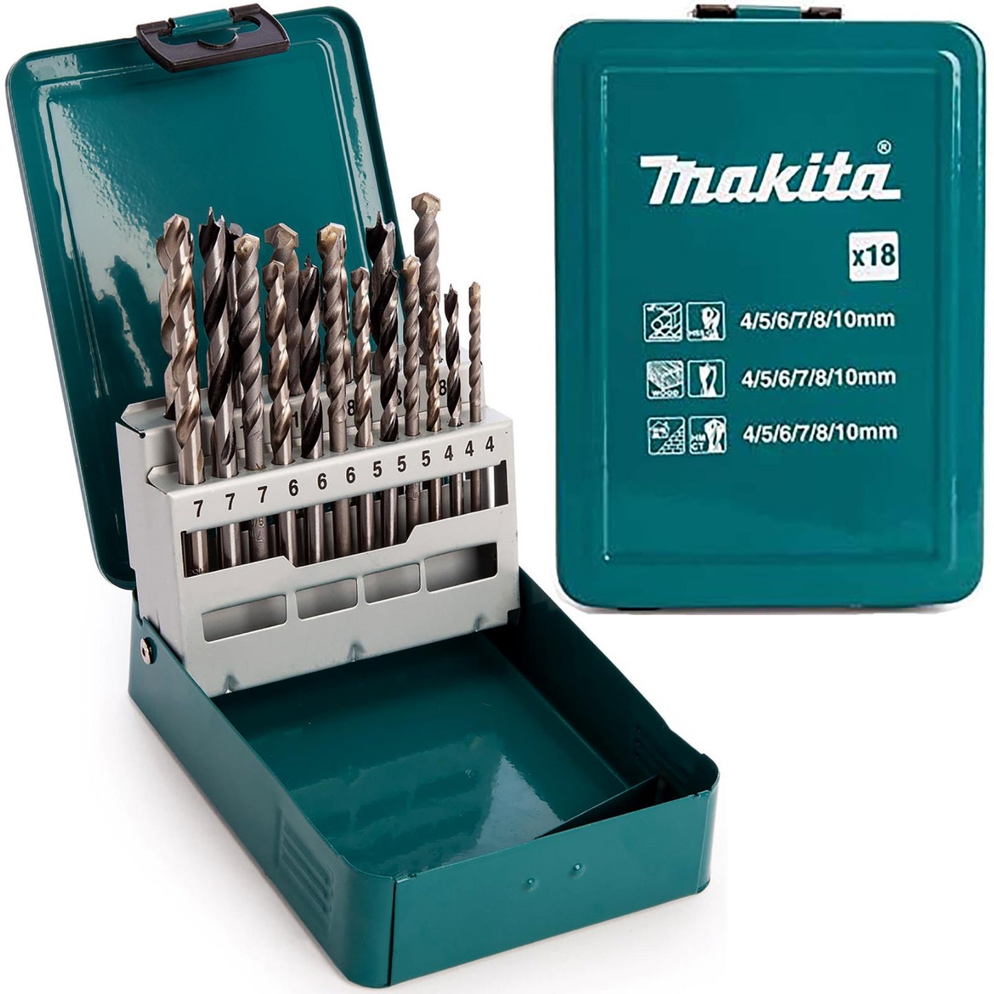 Makita 18-Piece Multi-Material Drill Bit Set β Metal Case | Wood, Masonry & Metal Bits (4β10mm)